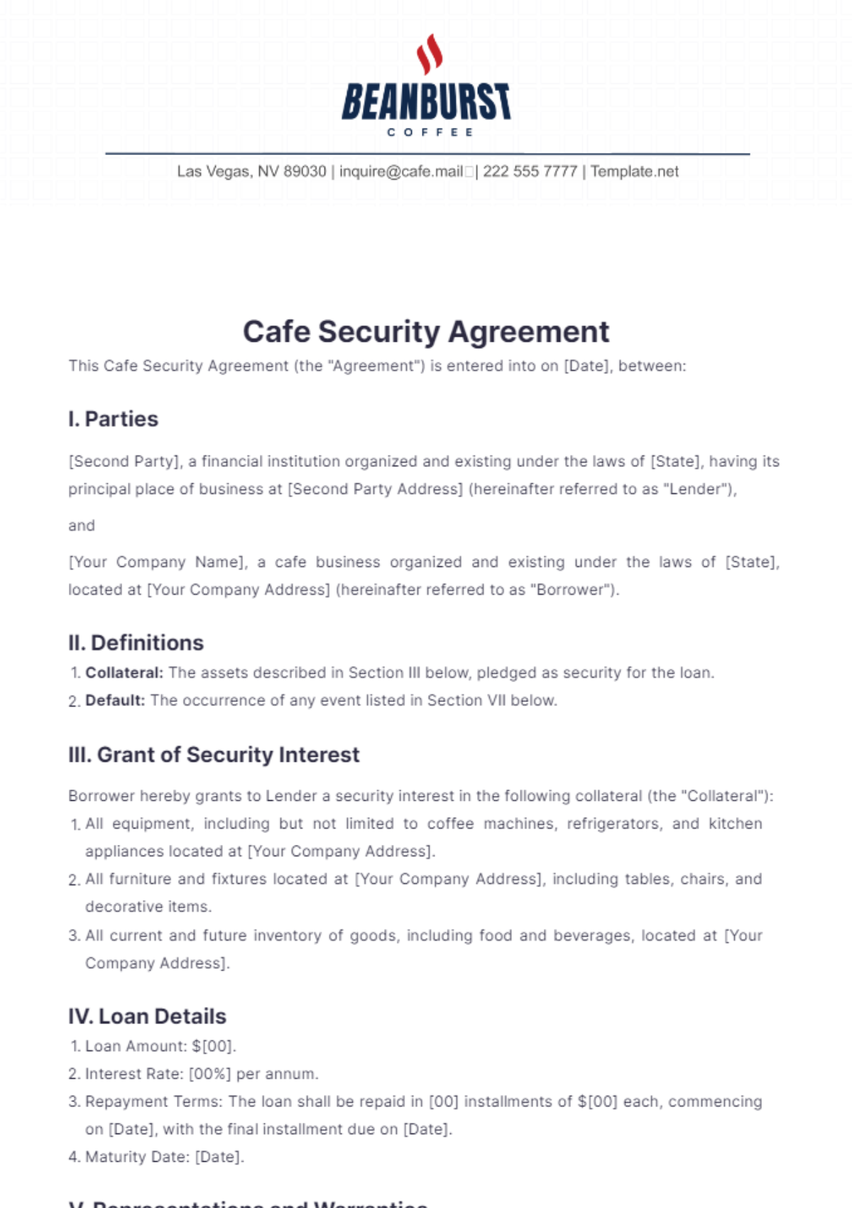 Cafe Security Agreement Template - Edit Online & Download