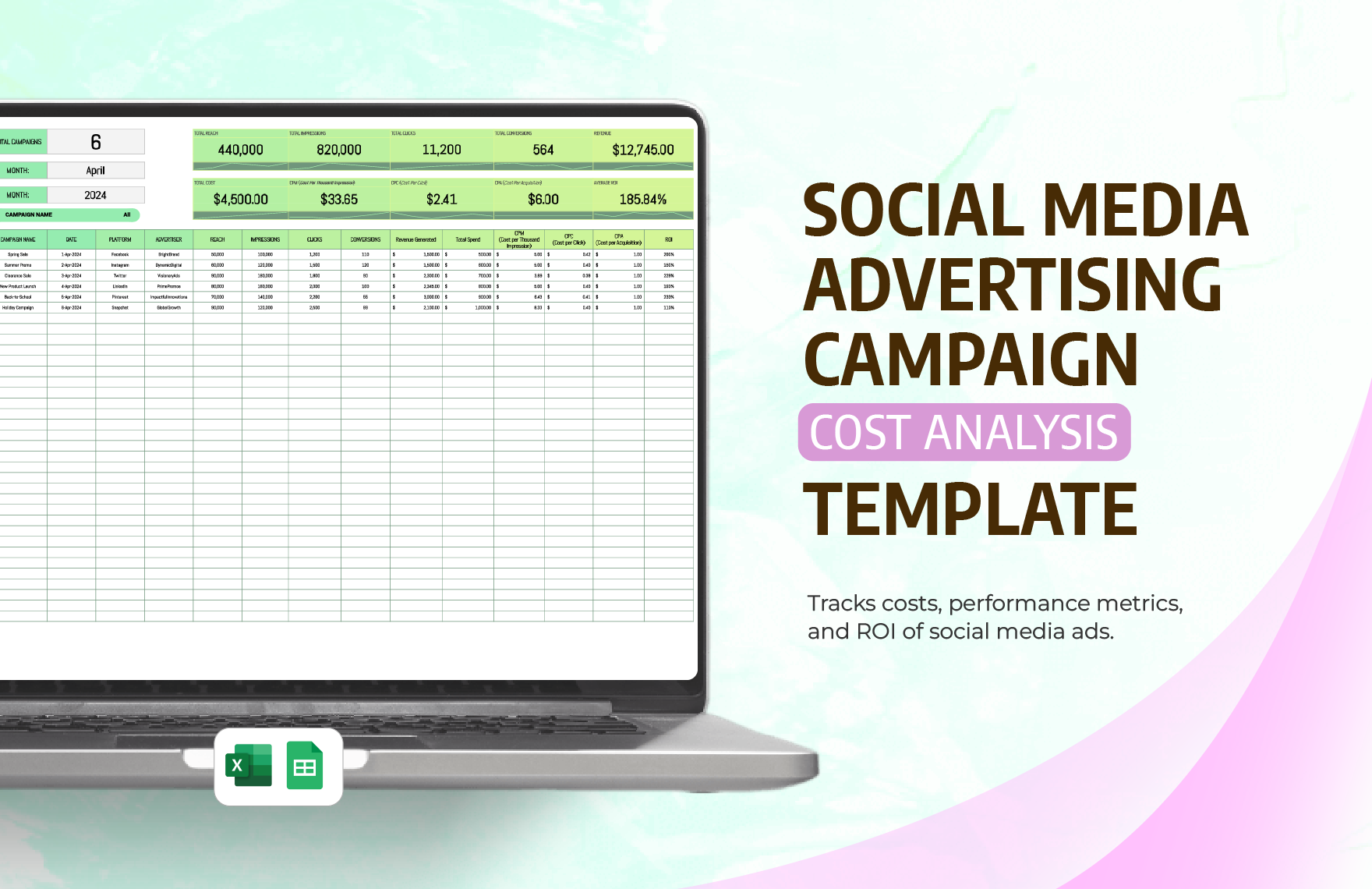 Social Media Advertising Campaign Cost Analysis Template in Excel, Google Sheets