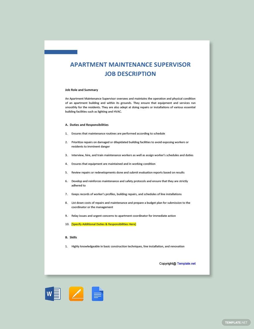 Apartment Maintenance Supervisor Job Ad and Description Template