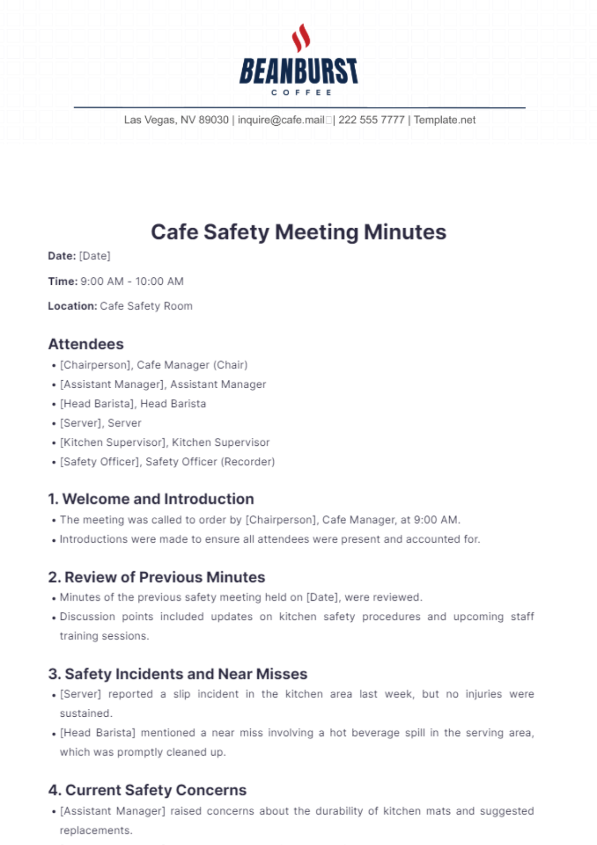 Cafe Safety Meeting Minutes Template - Edit Online & Download