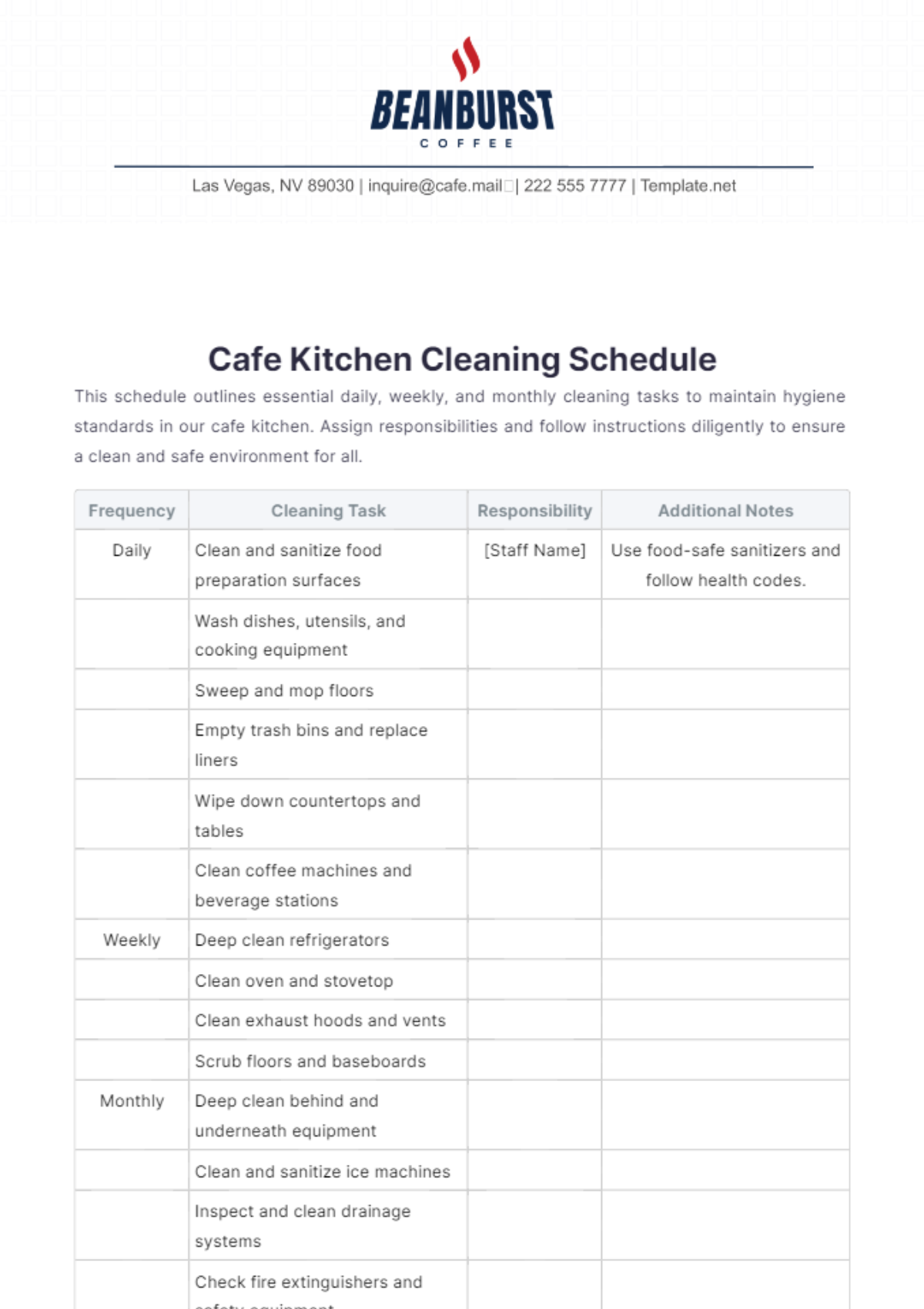 Cafe Kitchen Cleaning Schedule Template - Edit Online & Download ...