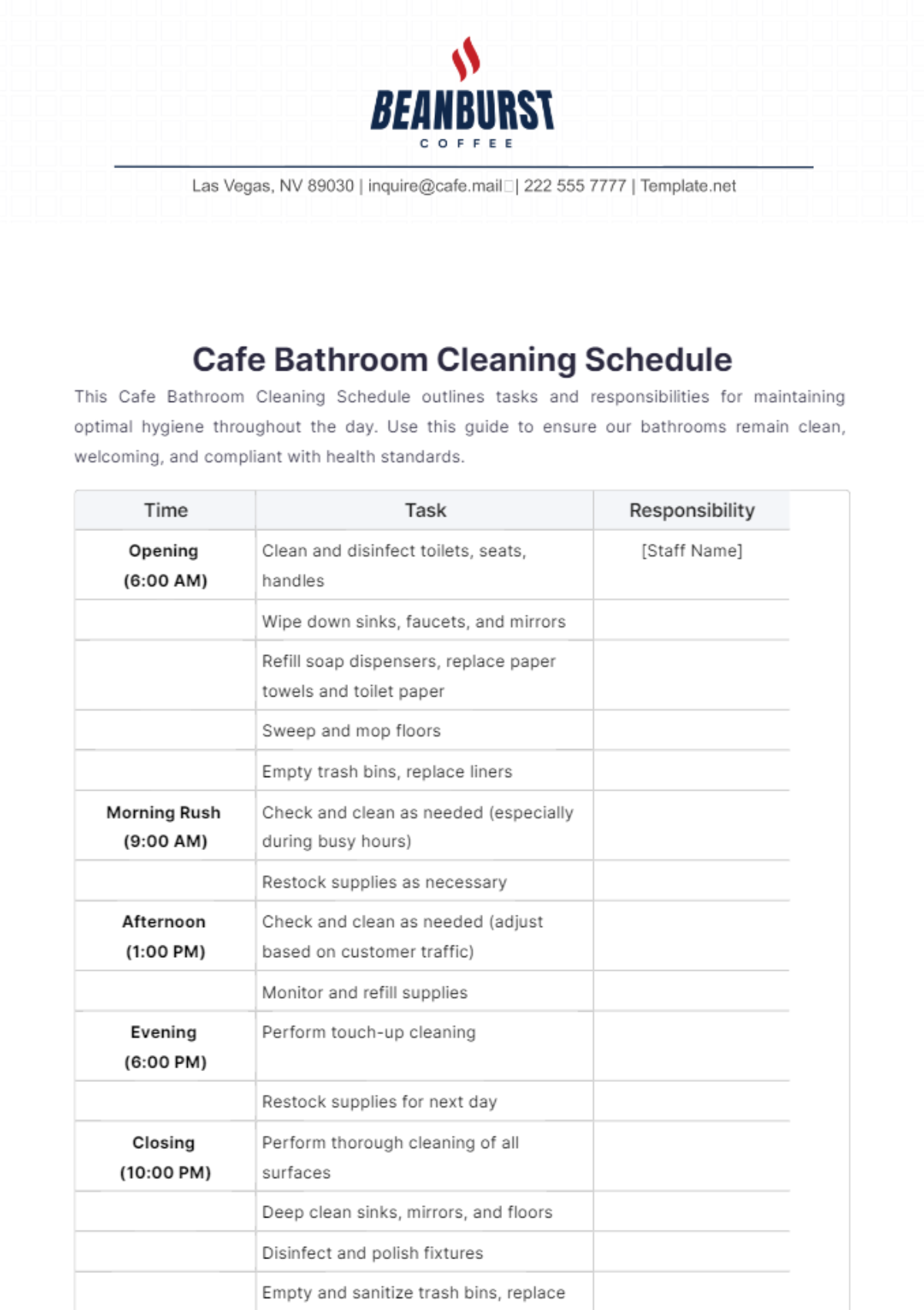 Cafe Bathroom Cleaning Schedule Template - Edit Online & Download