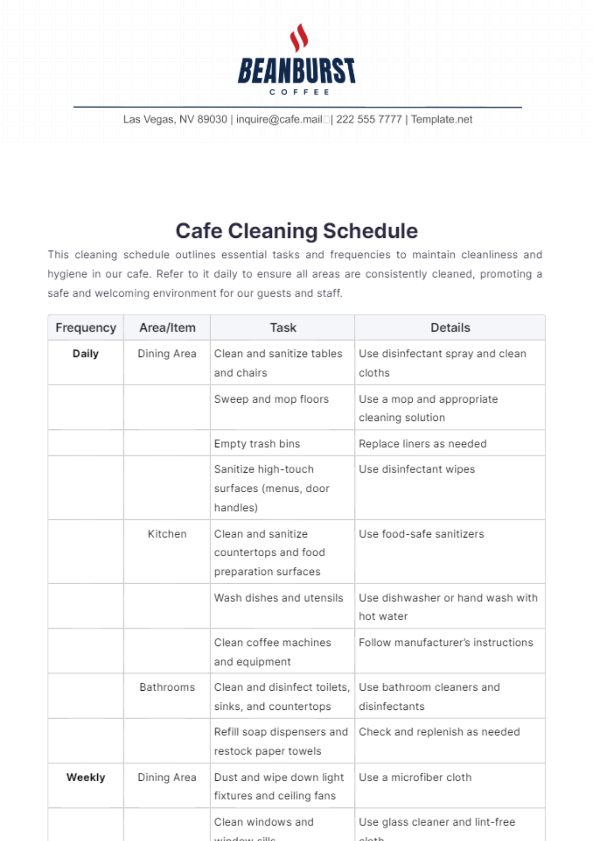 Cafe Cleaning Schedule Template - Edit Online & Download