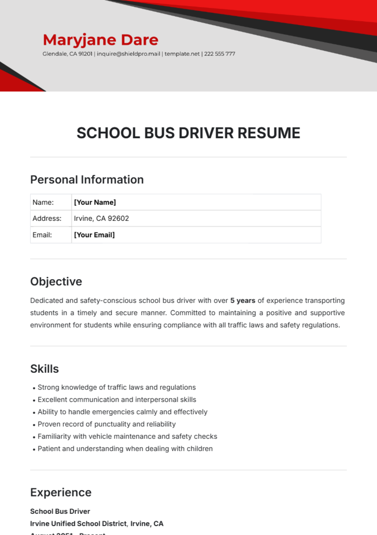 Free School Bus Driver Resume Template - Edit Online & Download ...