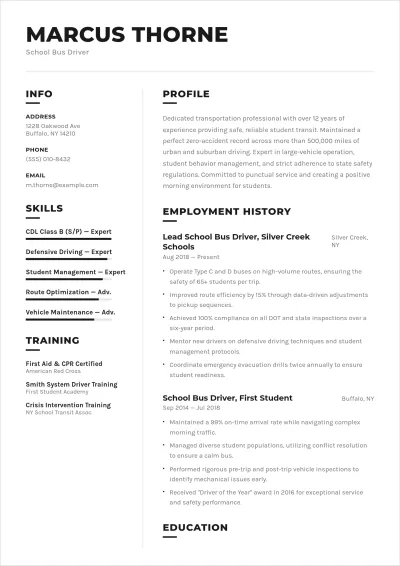 Free School Bus Driver ATS Resume Template, AI Resume Builder