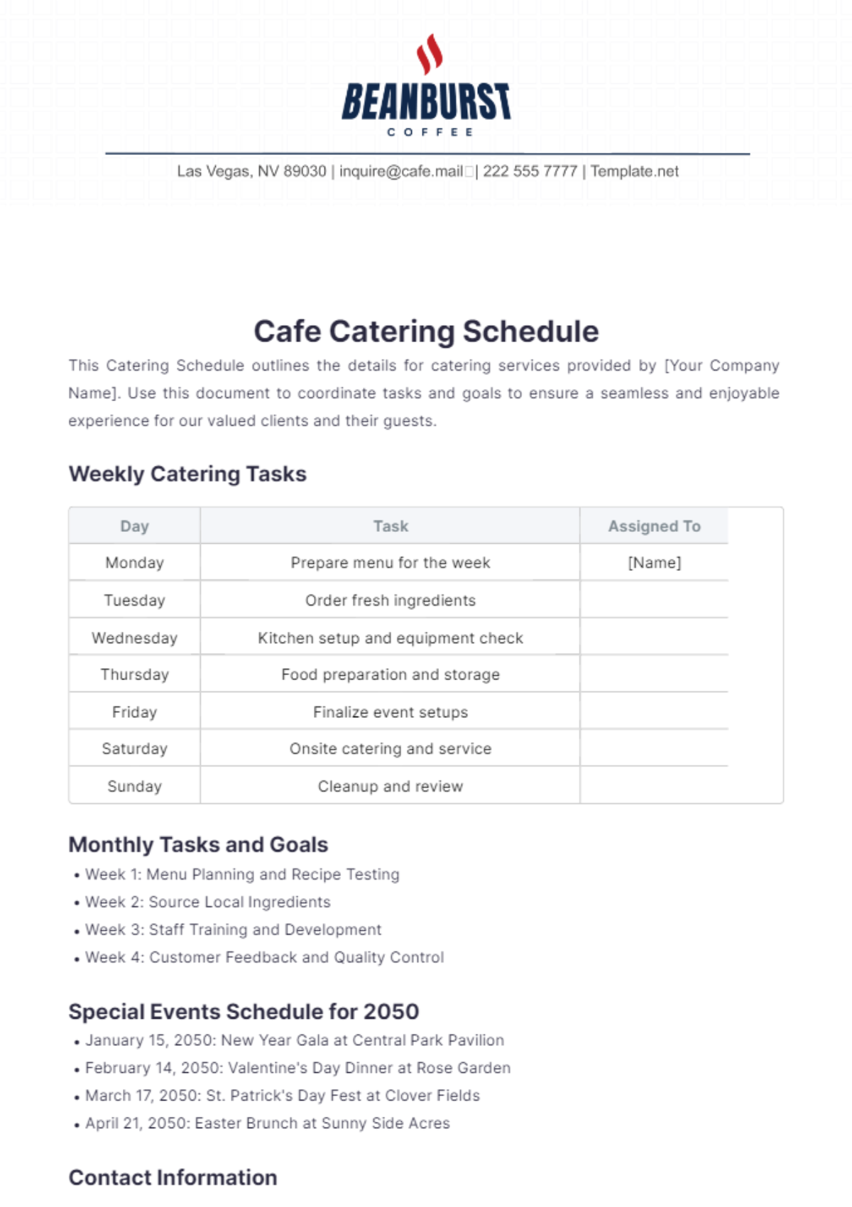 Cafe Catering Schedule Template - Edit Online & Download