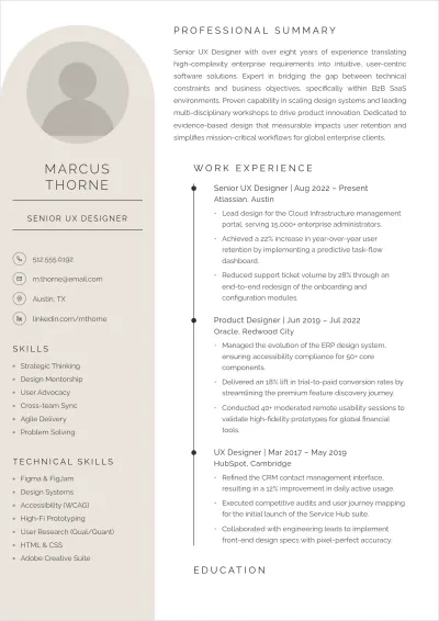 Free Experienced UX Designer ATS Resume Template, AI Resume Builder