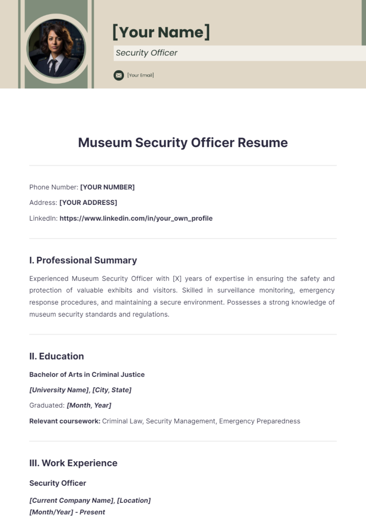 Museum Security Officer Resume - Edit Online & Download