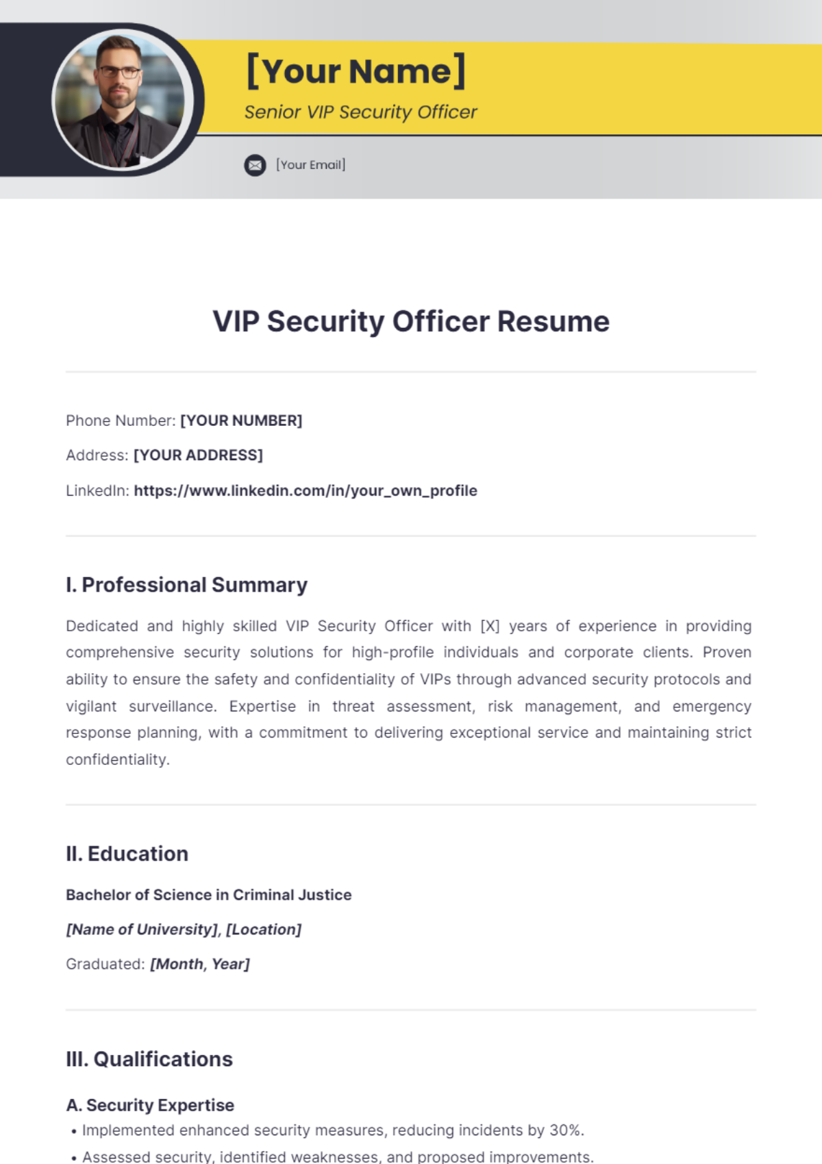 VIP Security Officer Resume - Edit Online & Download