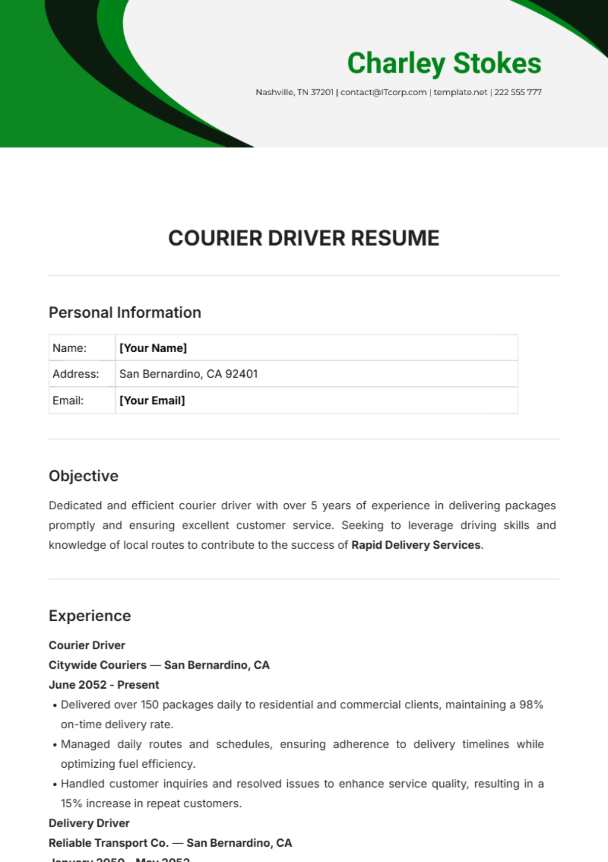 Courier Driver Resume Template - Edit Online & Download