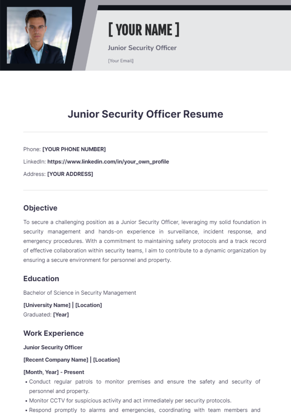 Junior Security Officer Resume - Edit Online & Download