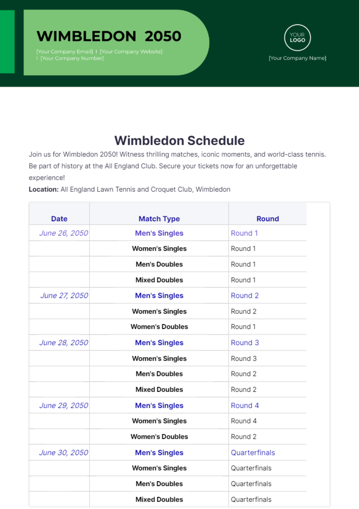 Wimbledon Schedule Template - Edit Online & Download