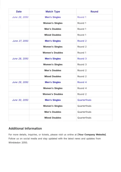 Free Wimbledon Schedule Template to Edit Online