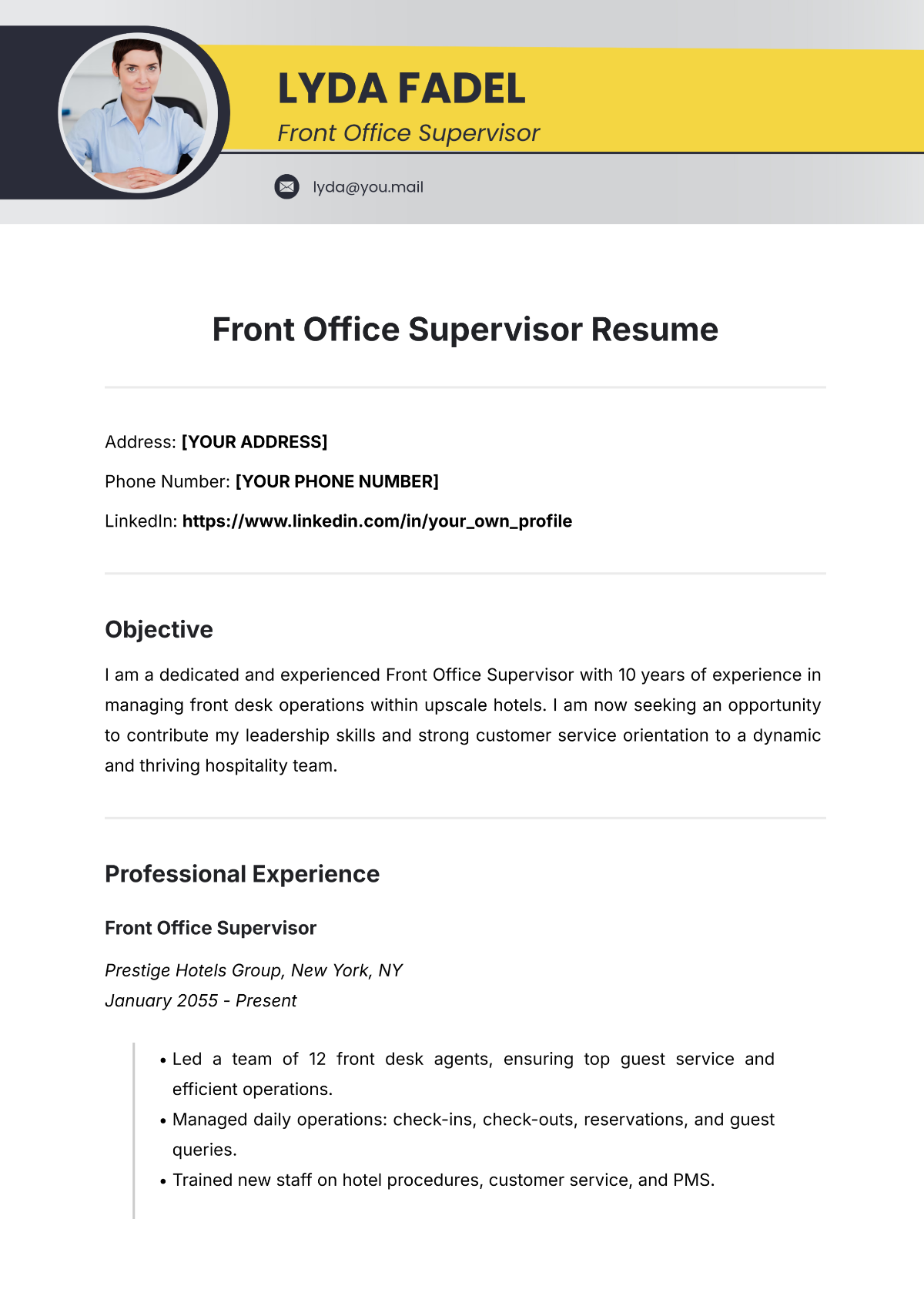 Free Front Office Supervisor Resume Template