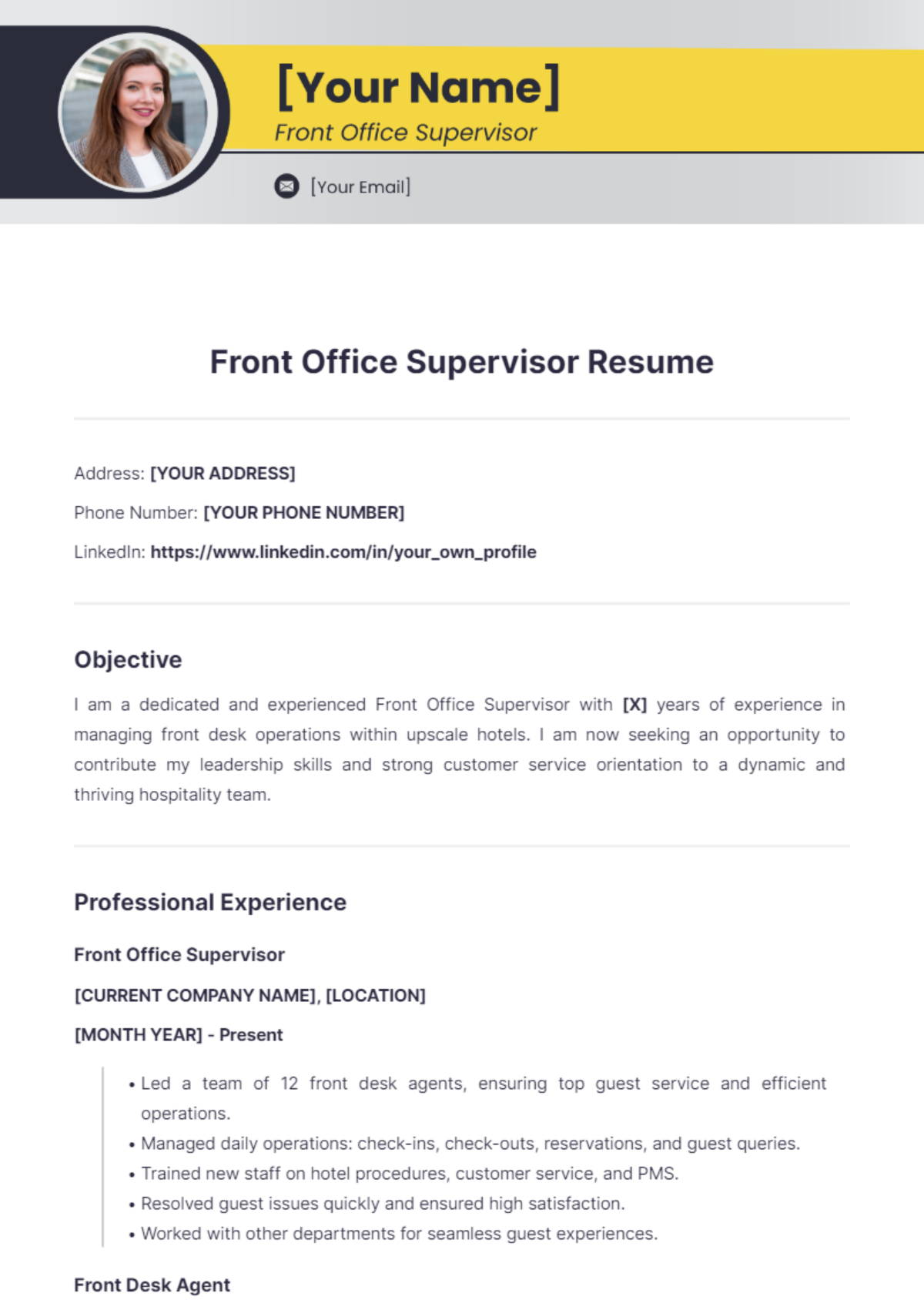 Front Office Supervisor Resume - Edit Online & Download