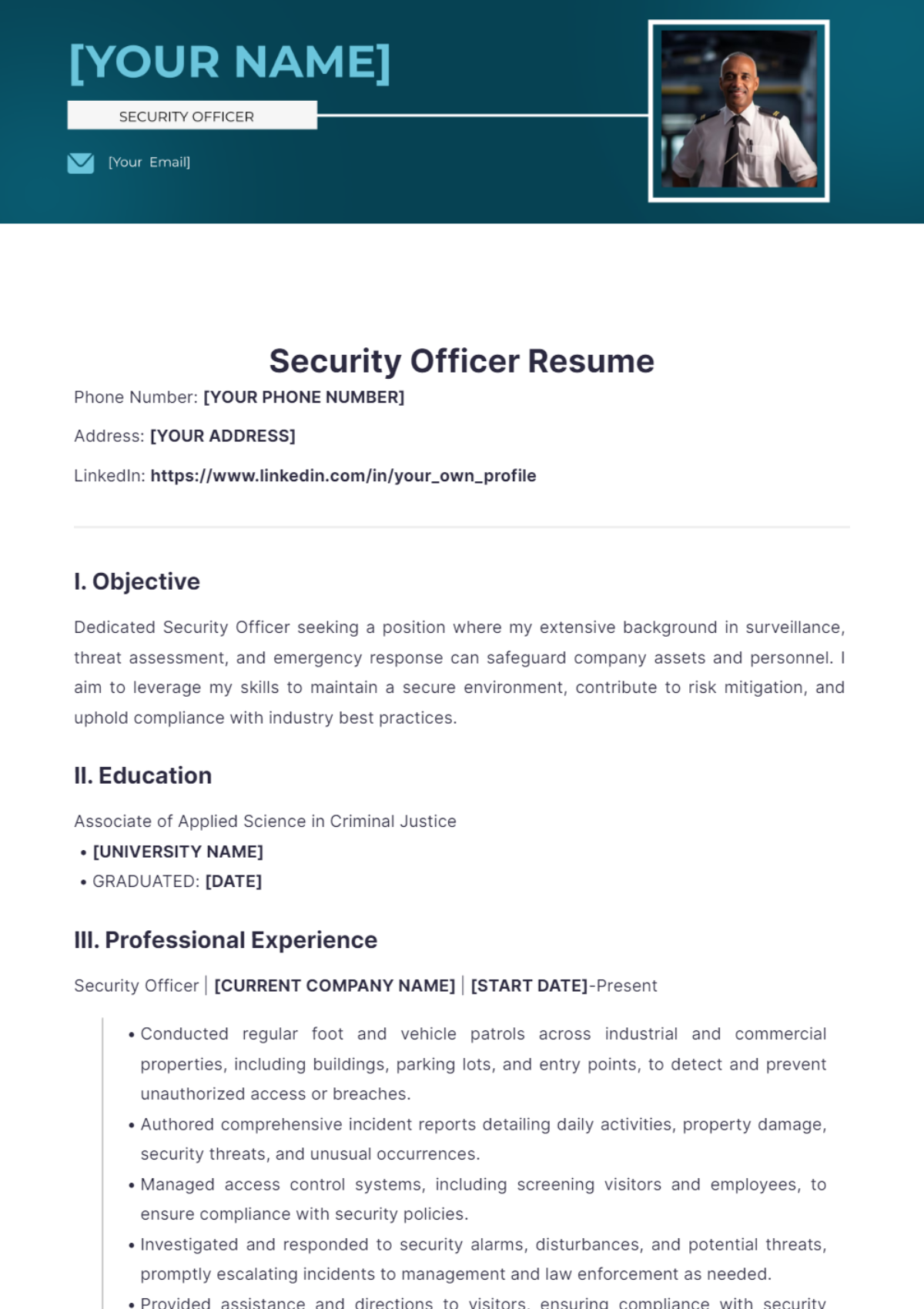 Security Officer Resume - Edit Online & Download