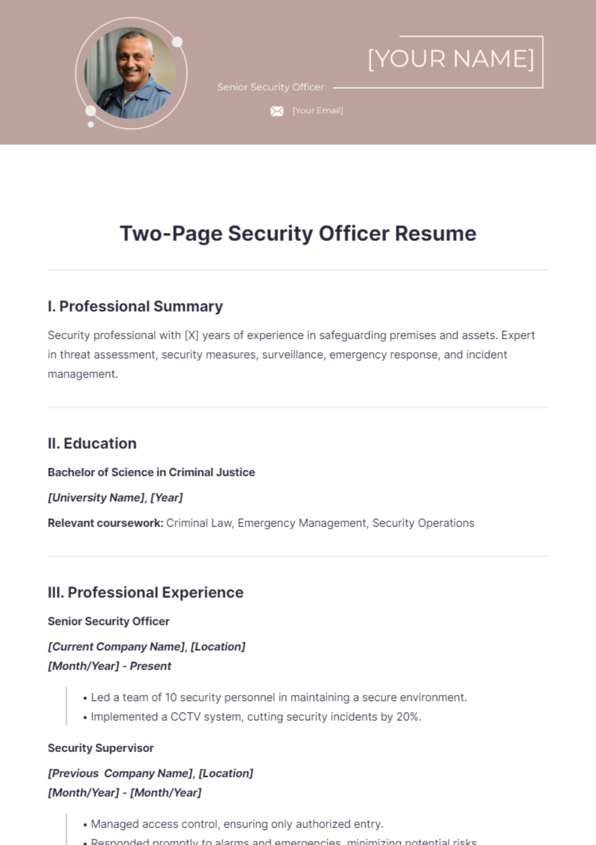 Two Page Security Officer Resume - Edit Online & Download