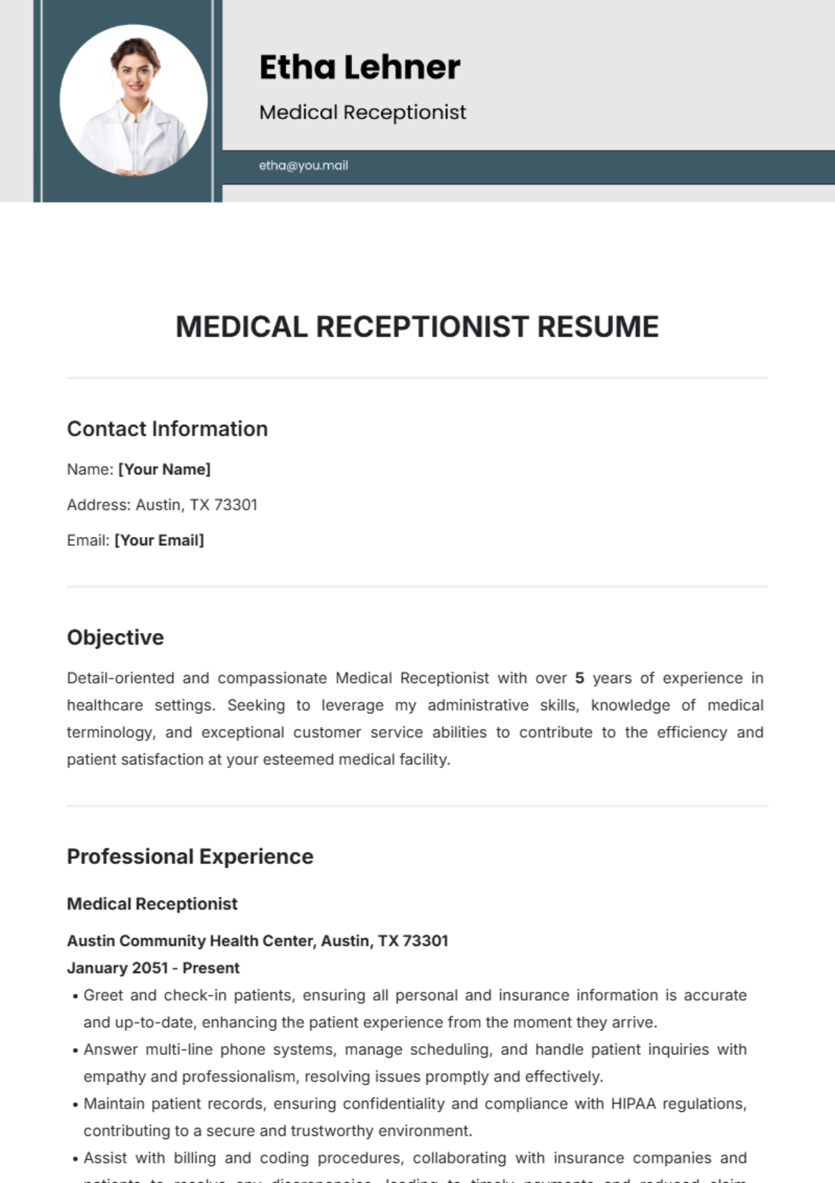 Medical Receptionist Resume Template - Edit Online & Download