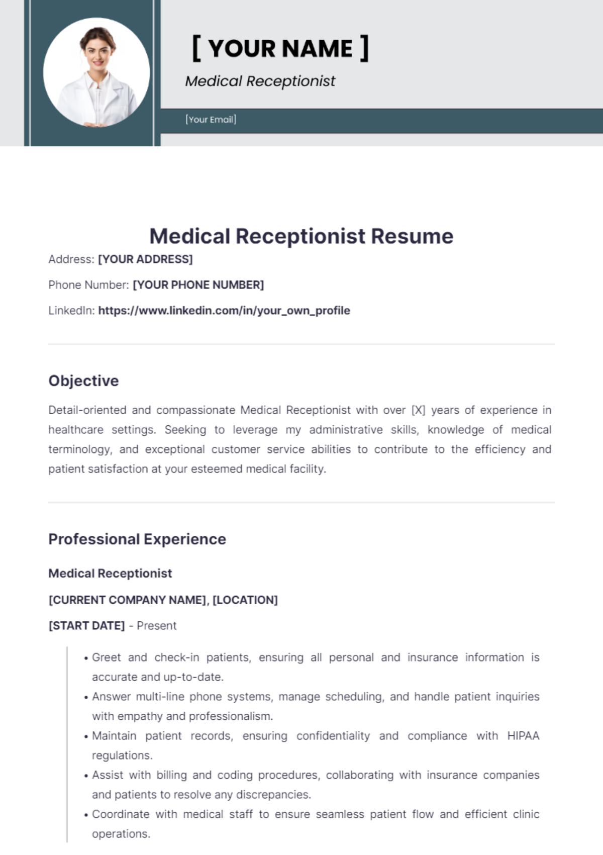 Free Medical Receptionist Resume Template - Edit Online & Download ...