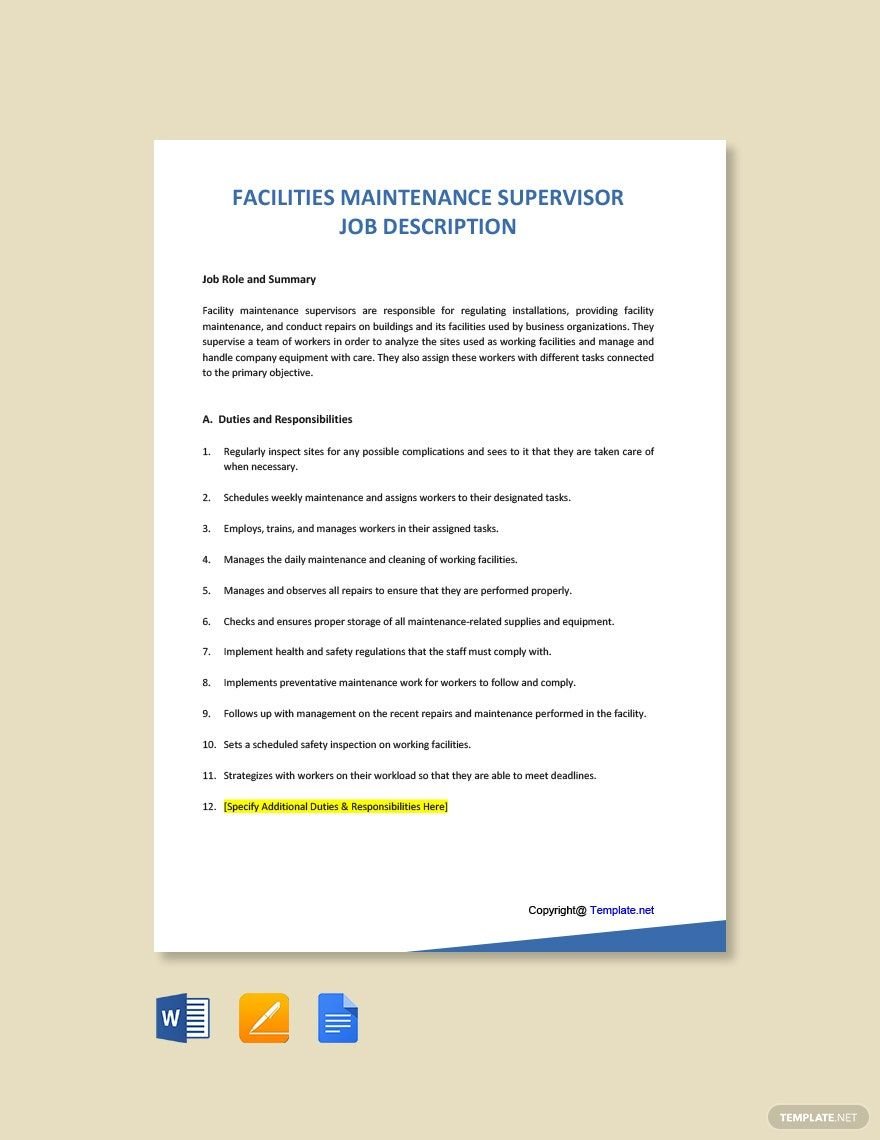 Facilities Maintenance Supervisor Job Ad and Description Template