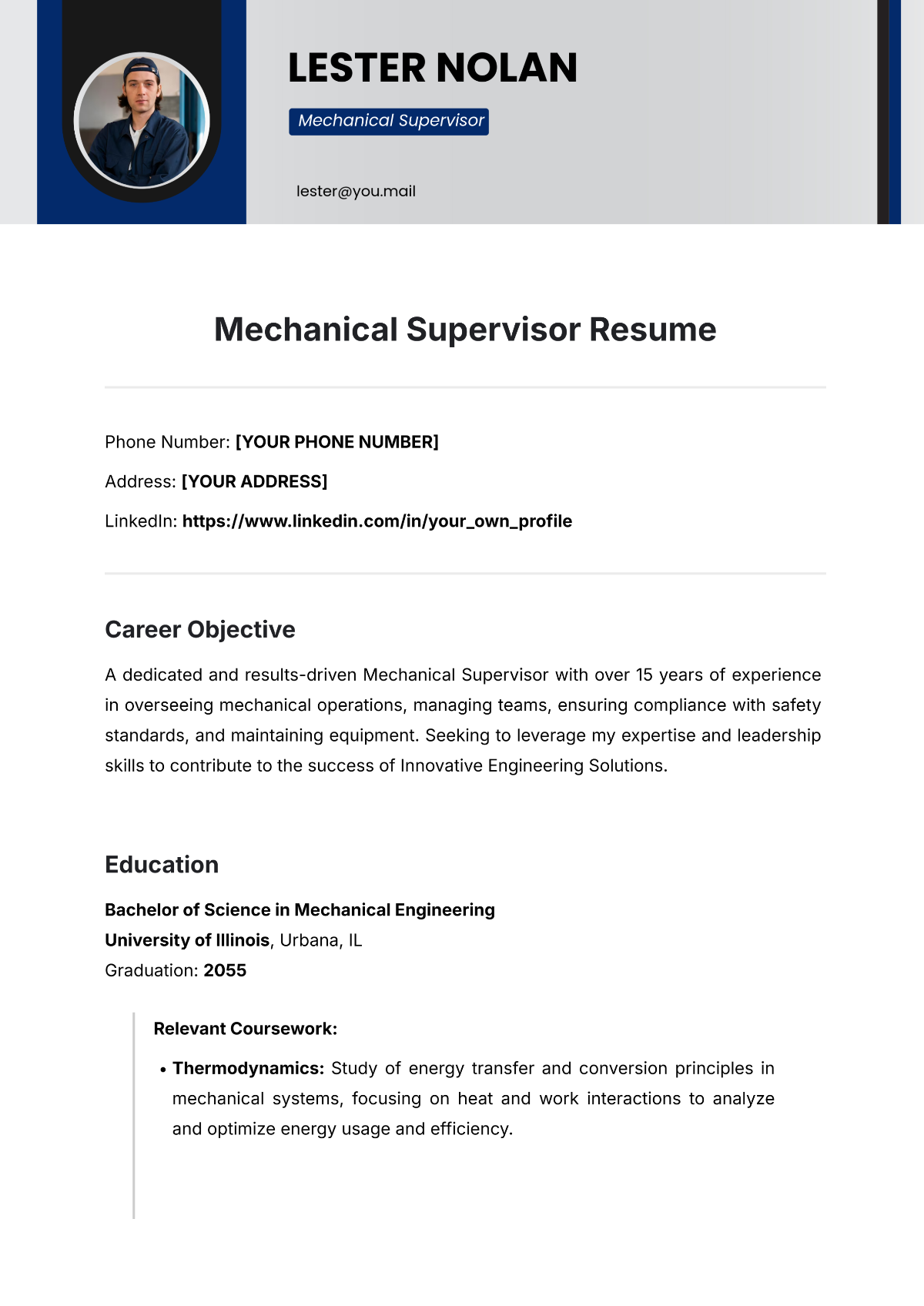 Free Mechanical Supervisor Resume Template