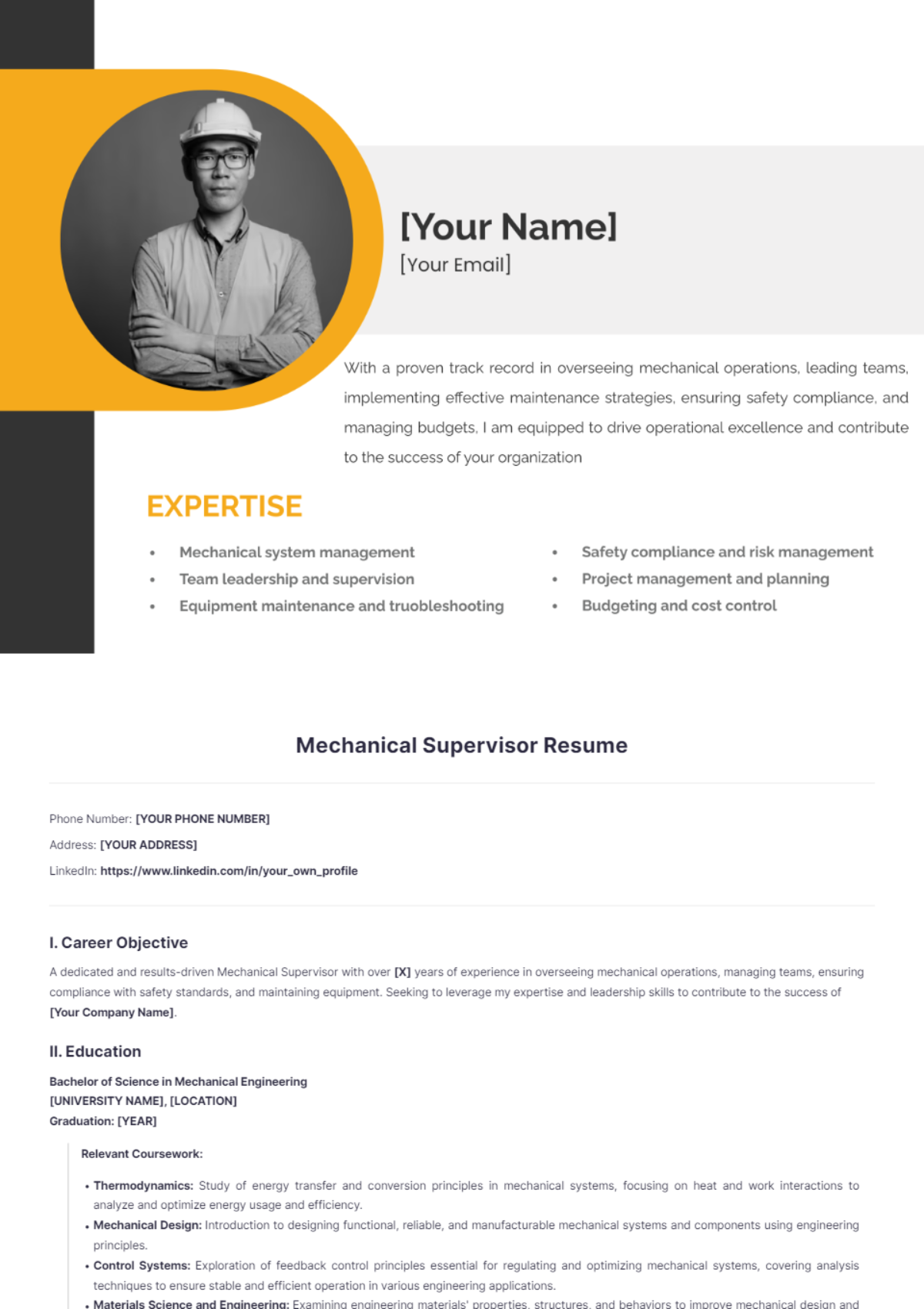 Mechanical Supervisor Resume - Edit Online & Download