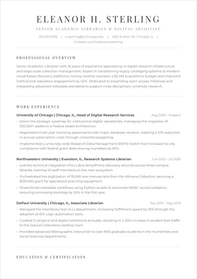 Free Librarian ATS Resume Template, AI Resume Builder