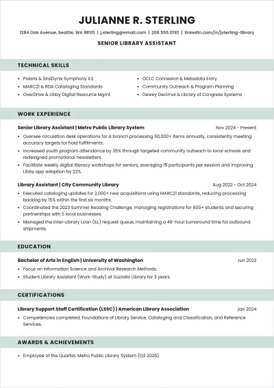 Free Library Assistant ATS Resume Template, AI Resume Builder