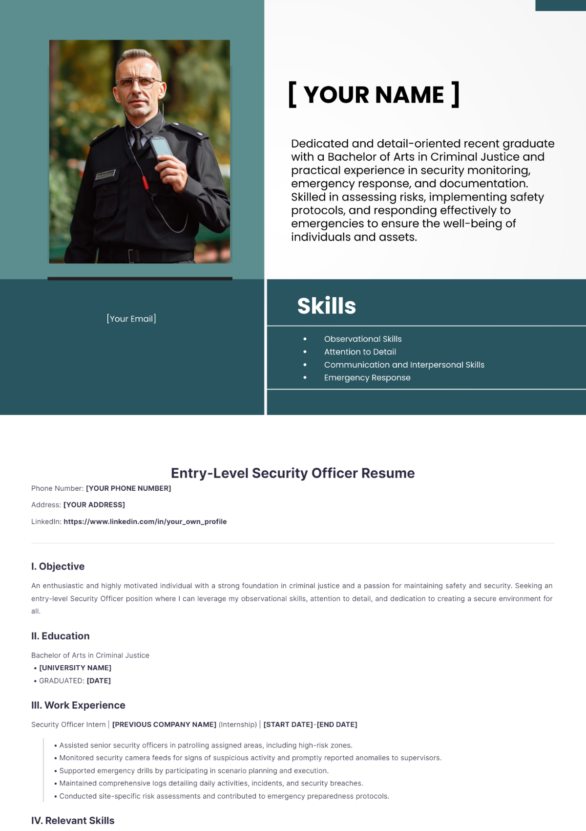 Entry-Level Security Officer Resume - Edit Online & Download