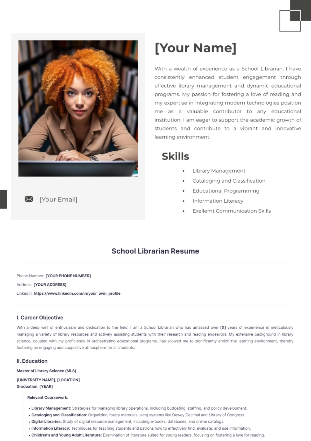 School Librarian Resume - Edit Online & Download