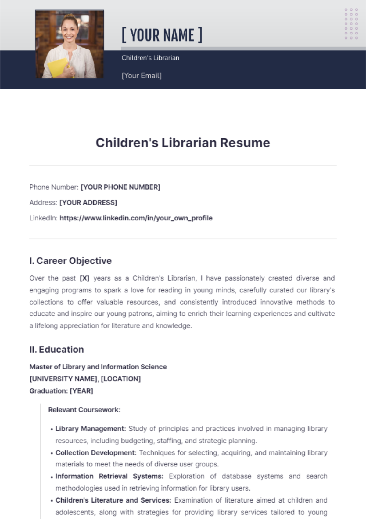 Children'S Librarian Resume - Edit Online & Download