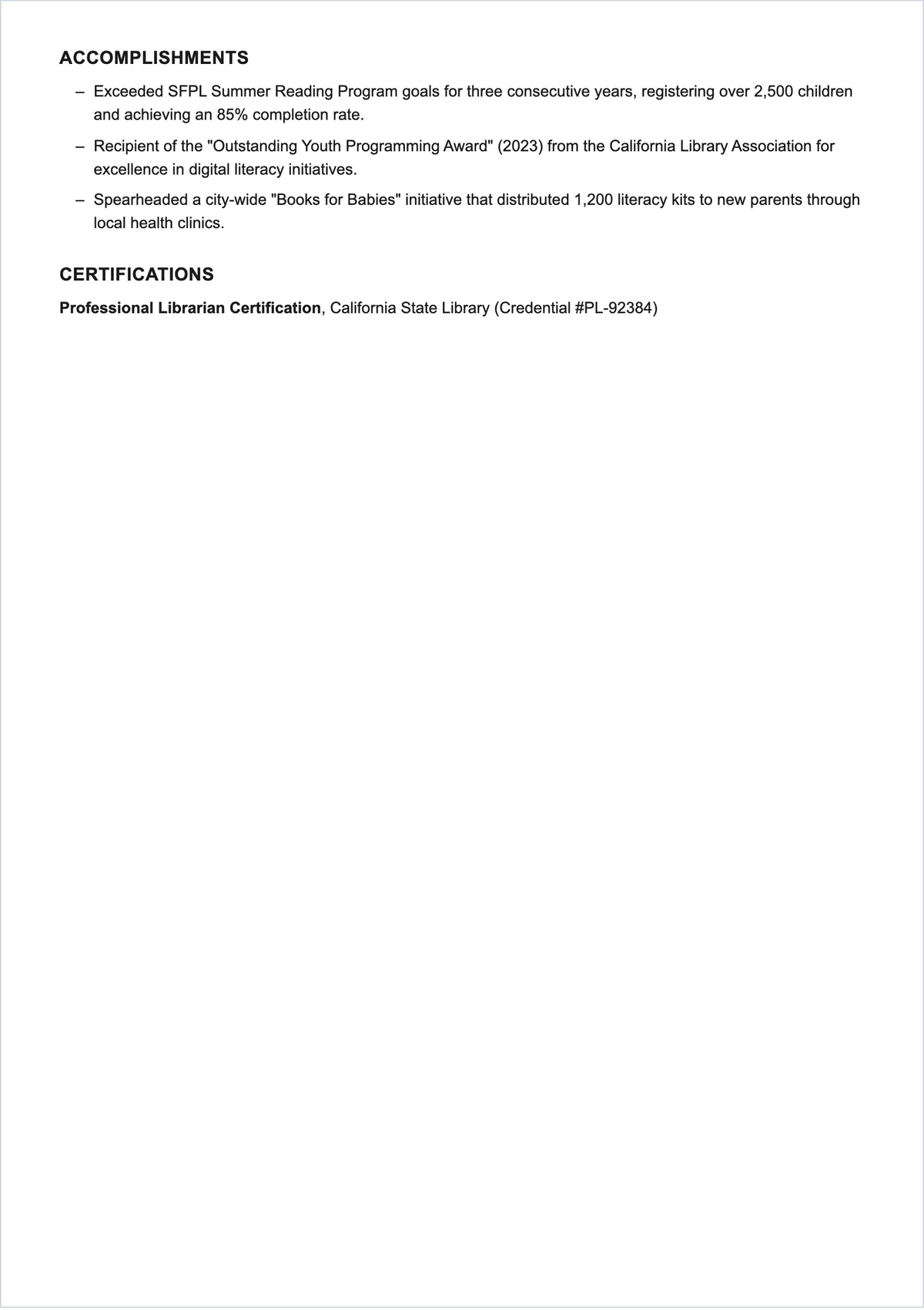 Free Children'S Librarian ATS Resume Template, AI Resume Builder