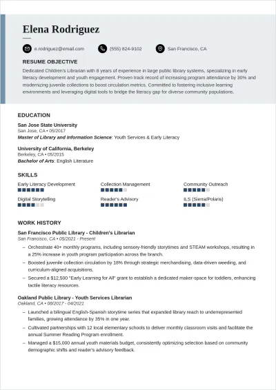 Free Children'S Librarian ATS Resume Template, AI Resume Builder