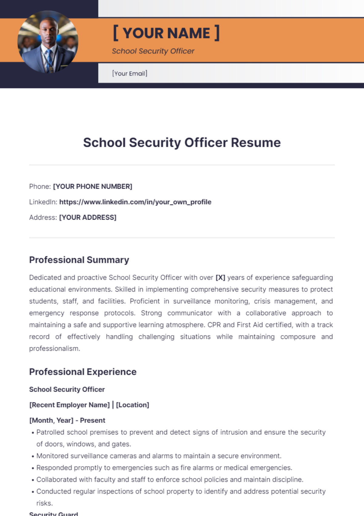 School Security Officer Resume - Edit Online & Download