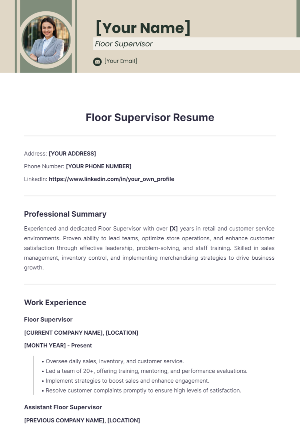 Free Floor Supervisor Resume Template - Edit Online & Download ...