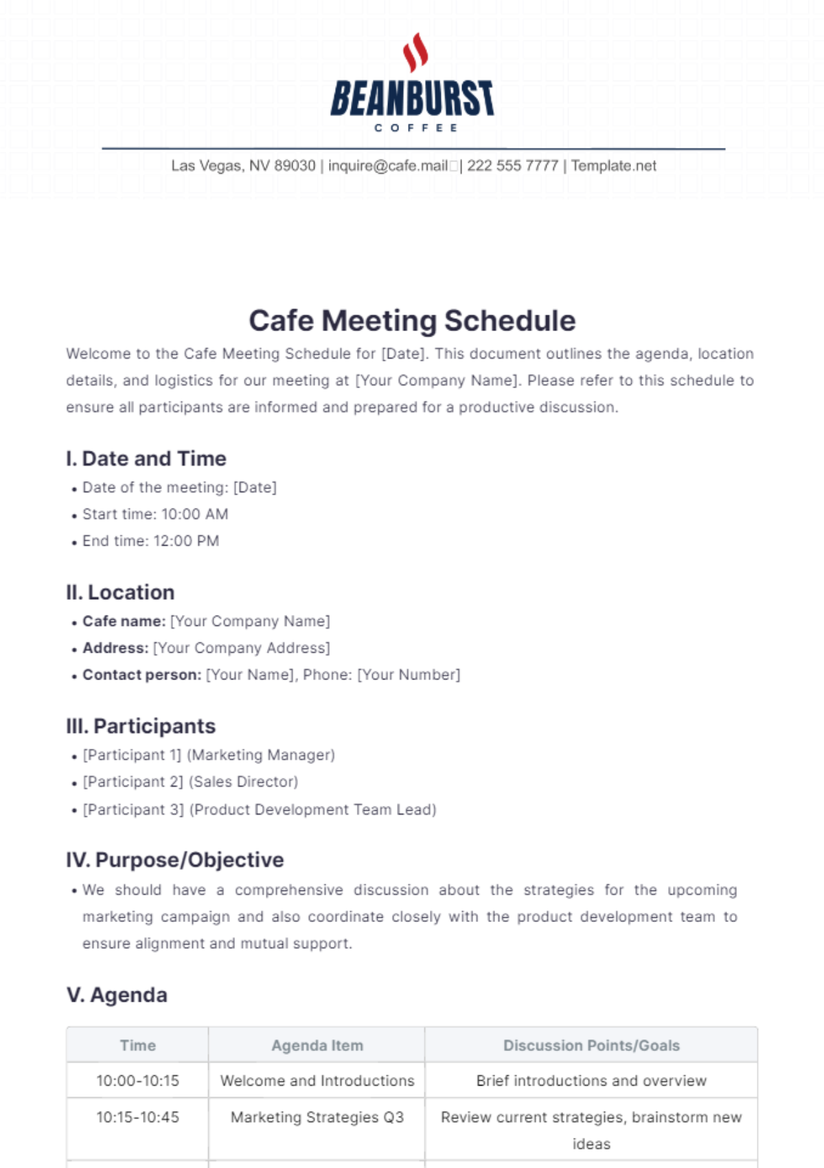 Cafe Meeting Schedule Template - Edit Online & Download