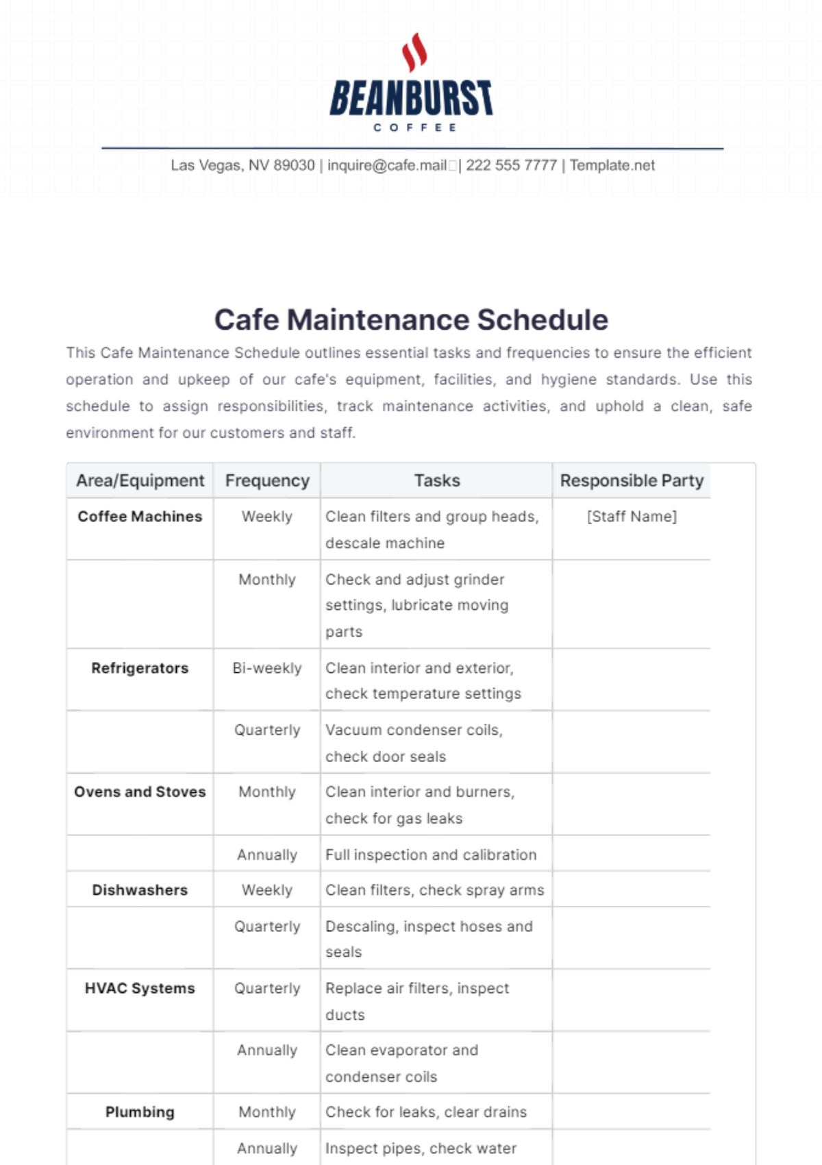 Cafe Maintenance Schedule Template - Edit Online & Download