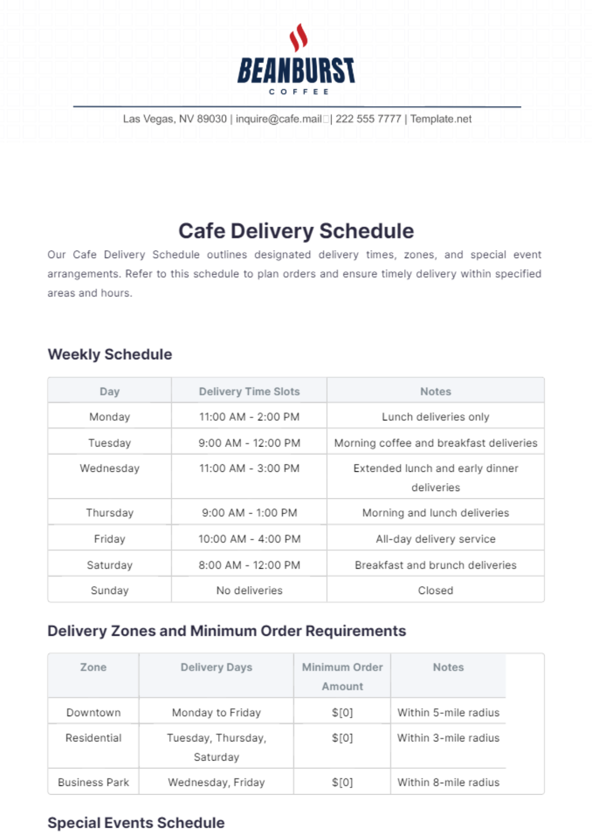 Cafe Delivery Schedule Template - Edit Online & Download