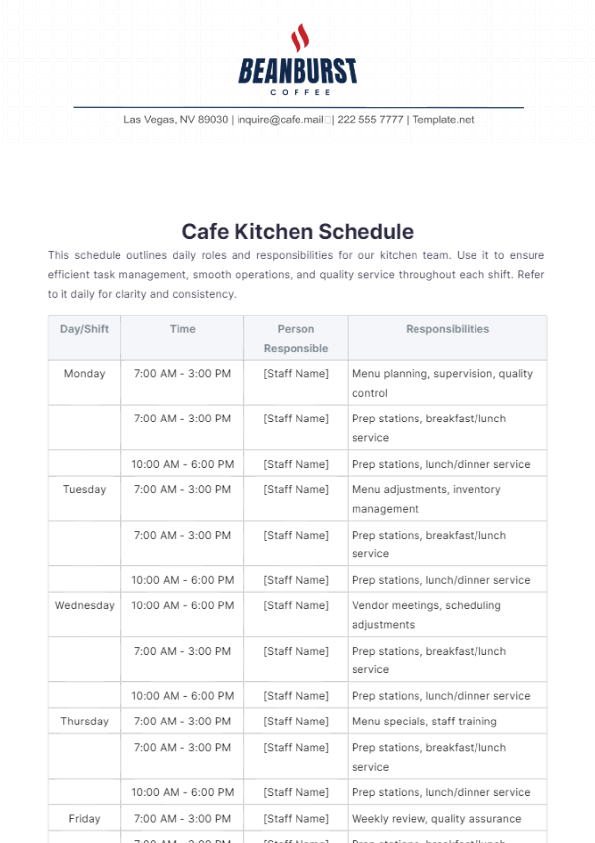 Cafe Kitchen Schedule Template - Edit Online & Download