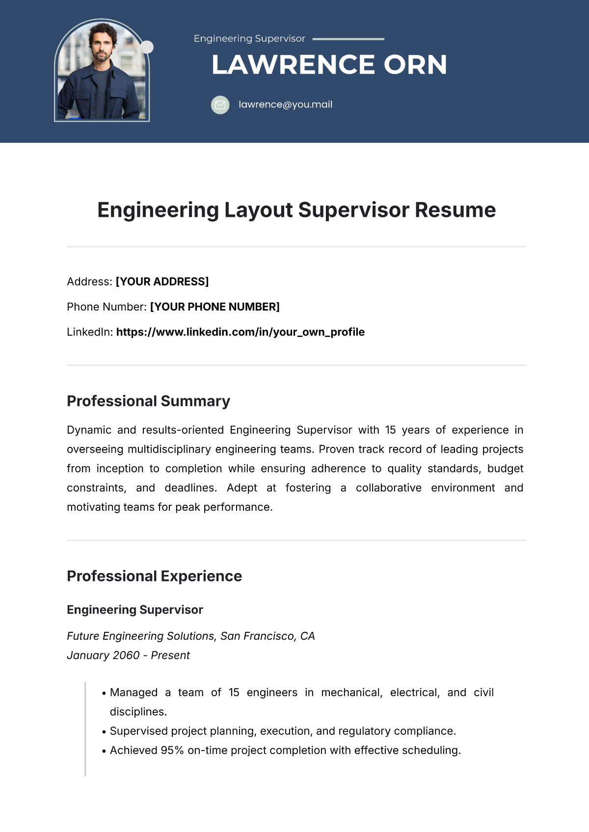 Free Engineering Layout Supervisor Resume Template