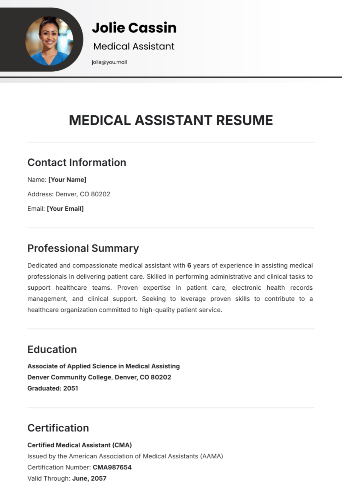 Medical Assistant Resume Template - Edit Online & Download