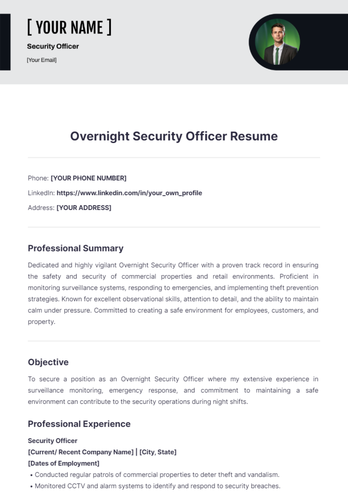 Overnight Security Officer Resume - Edit Online & Download