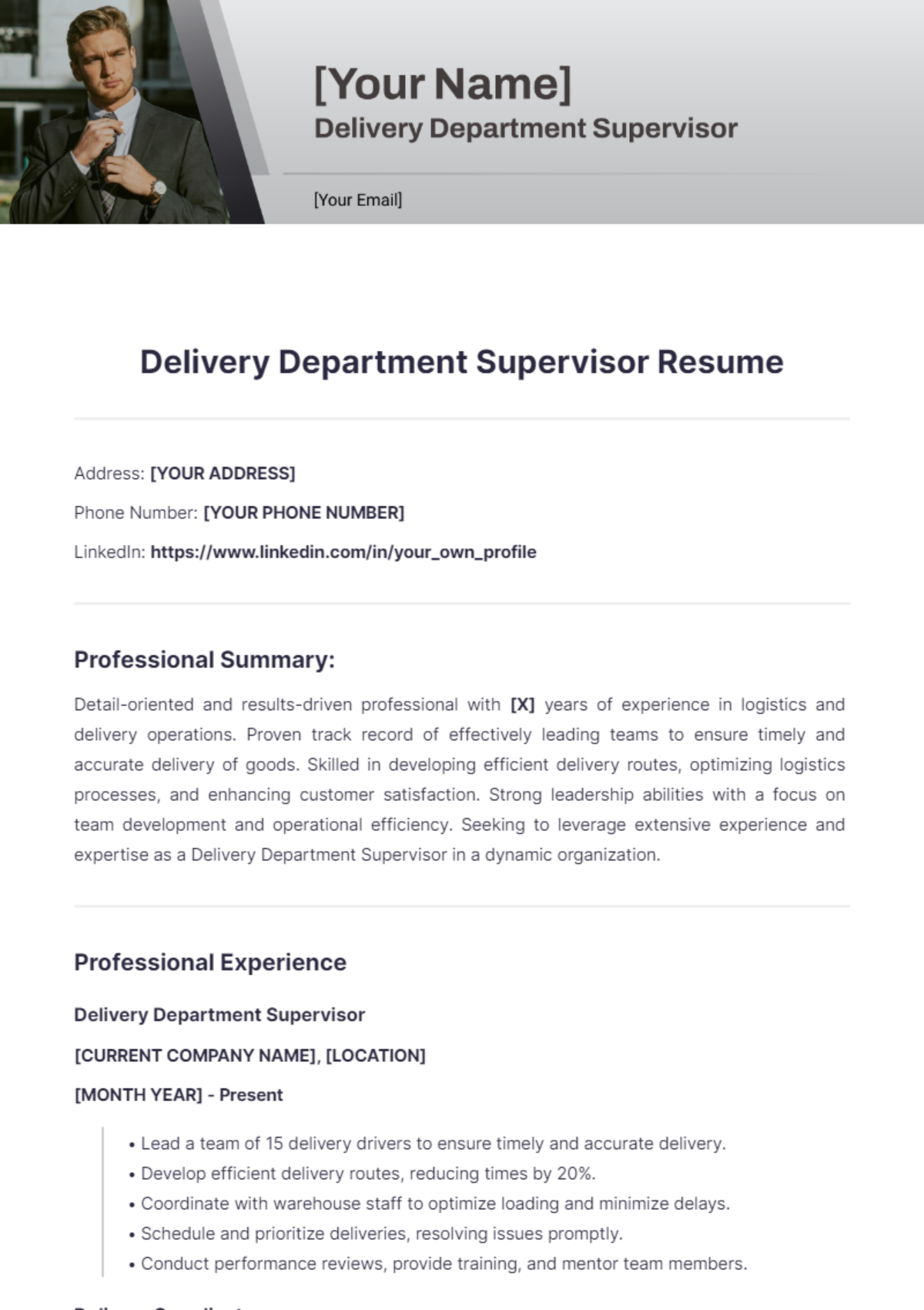 Delivery Department Supervisor Resume - Edit Online & Download