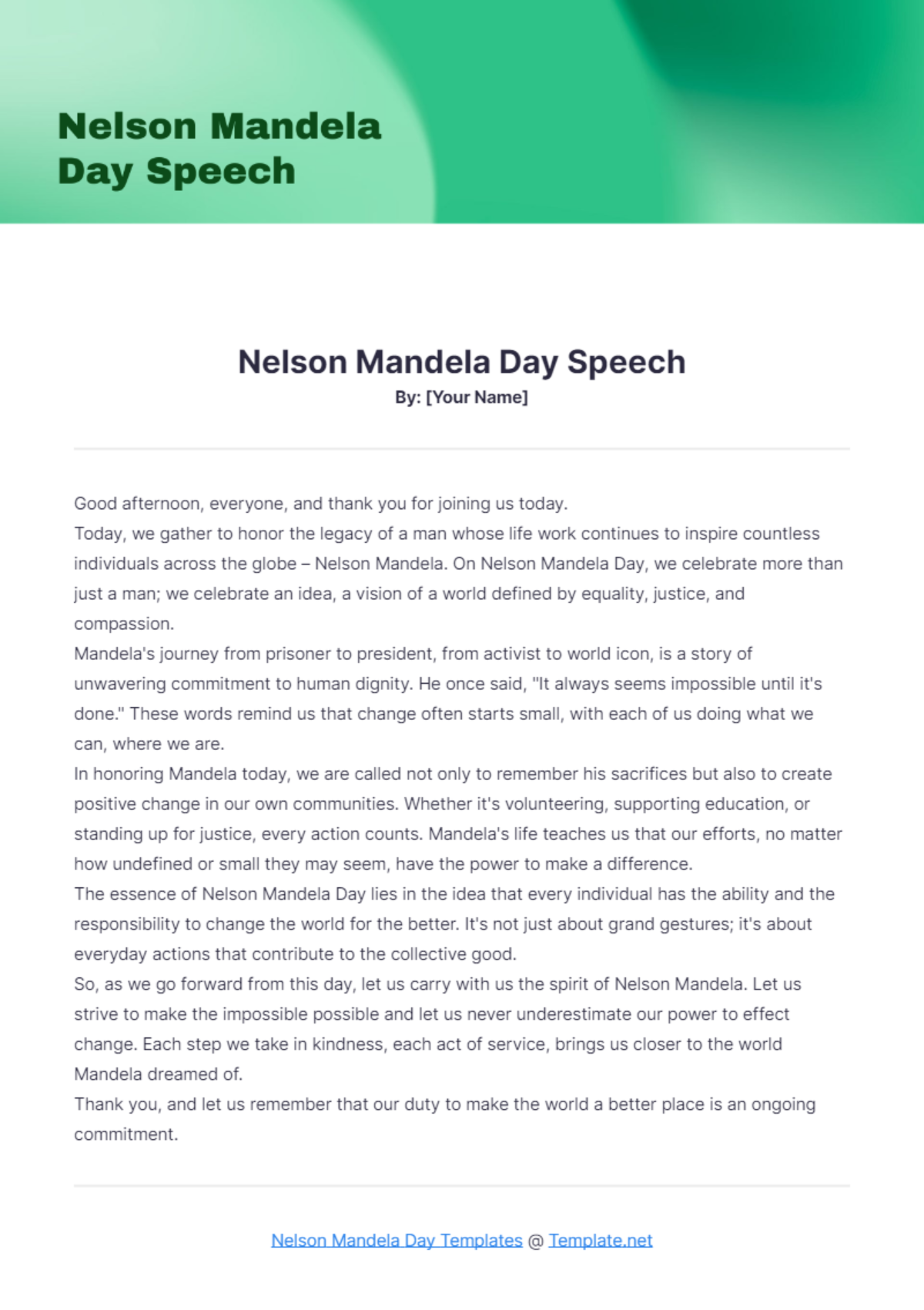 Nelson Mandela Day Speech Template - Edit Online & Download