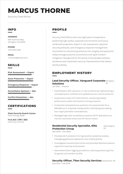 Free Security Field Officer ATS Resume Template, AI Resume Builder
