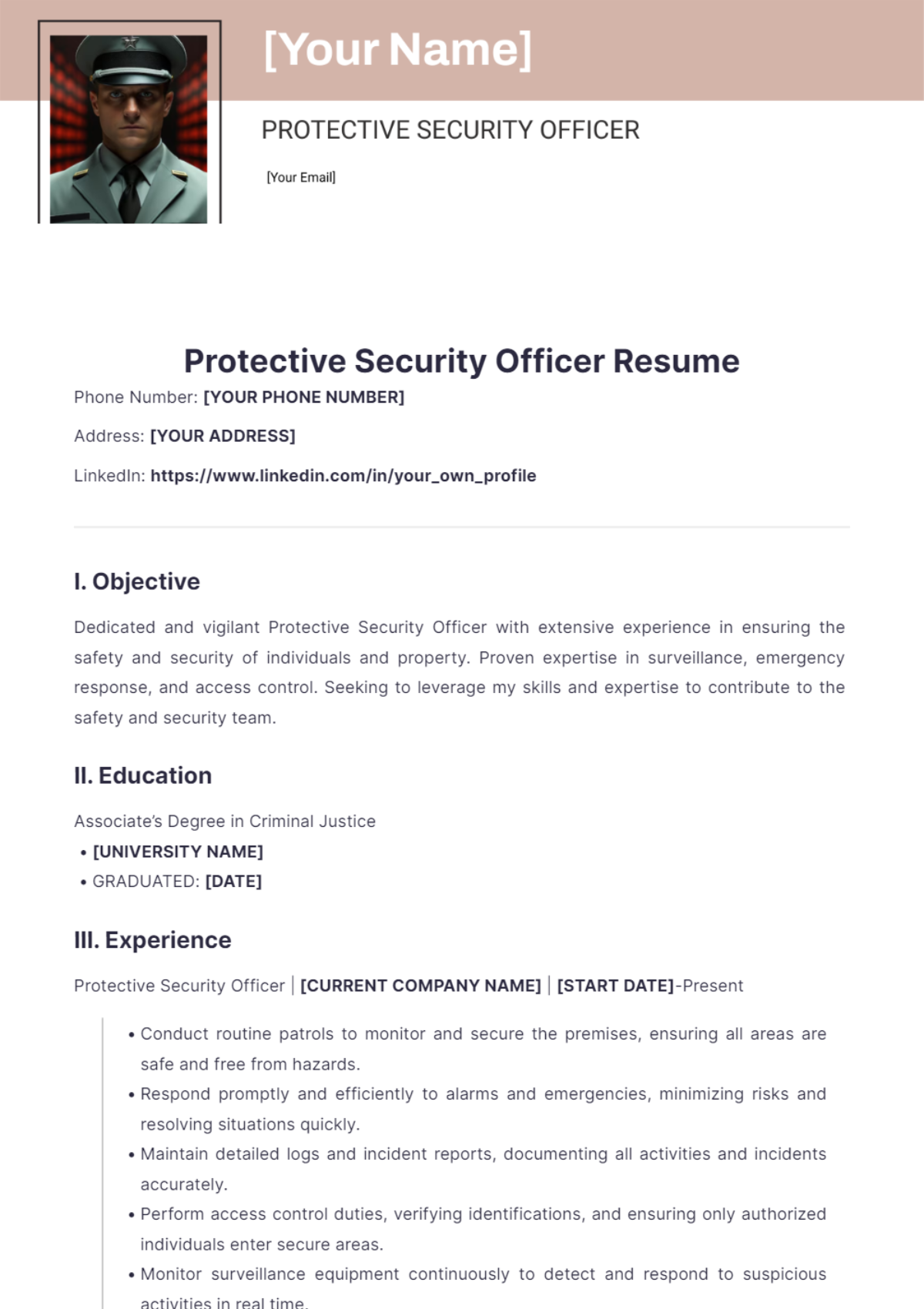 Protective Security Officer Resume - Edit Online & Download