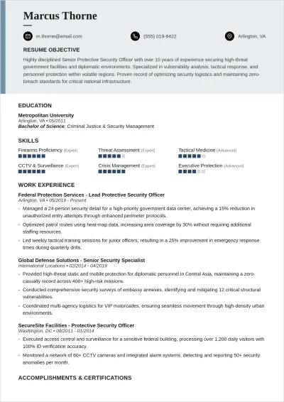 Free Protective Security Officer ATS Resume Template
