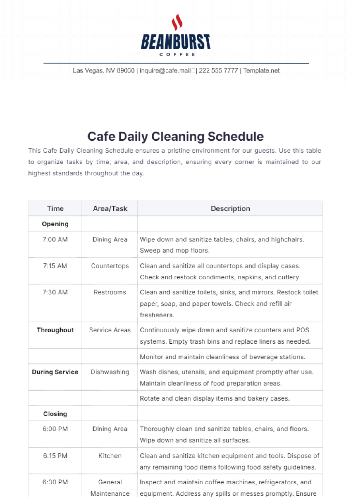 Cafe Daily Cleaning Schedule Template - Edit Online & Download