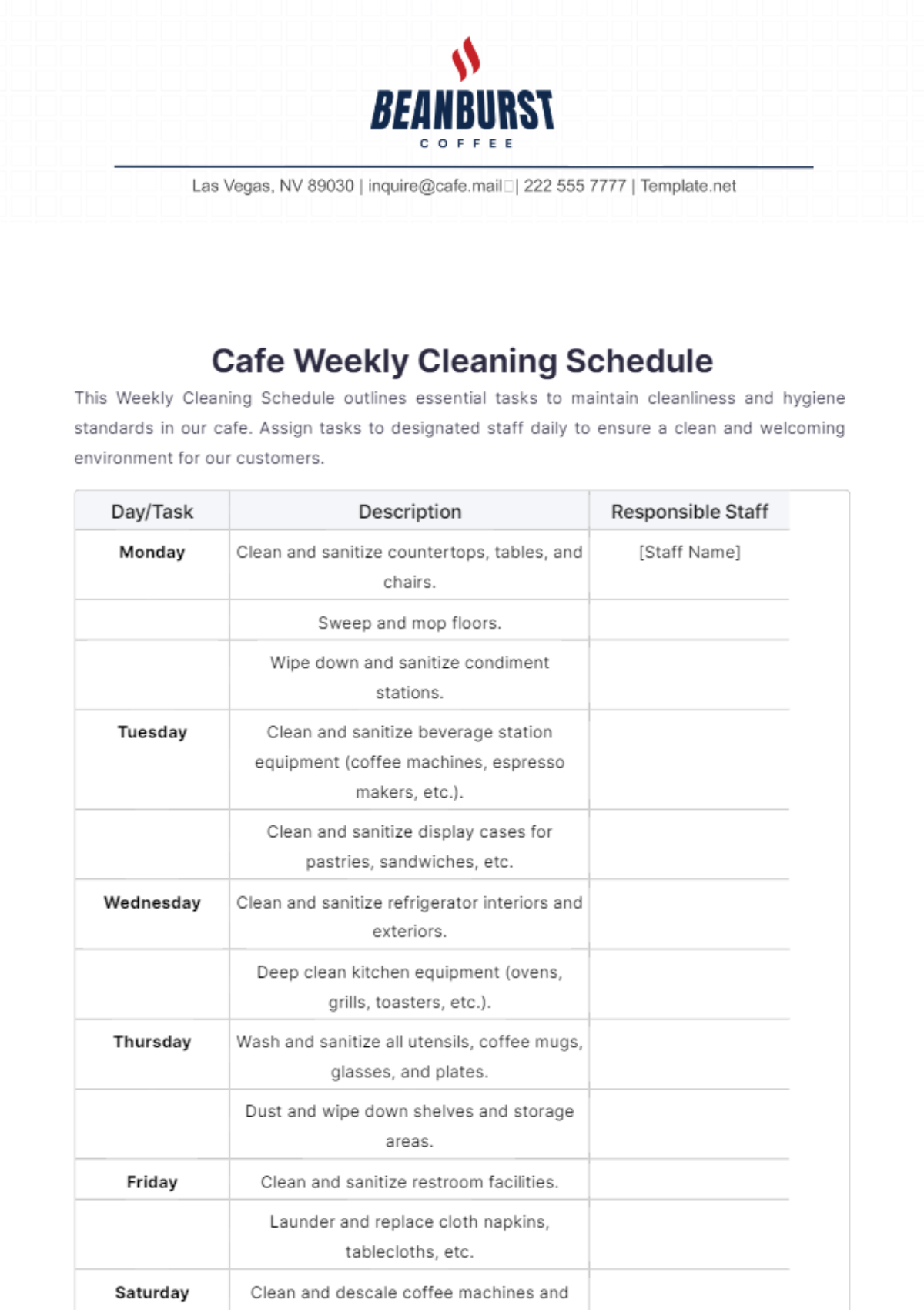 Cafe Weekly Cleaning Schedule Template - Edit Online & Download