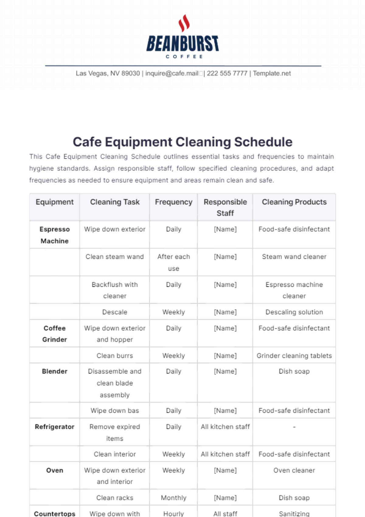 Cafe Equipment Cleaning Schedule Template - Edit Online & Download